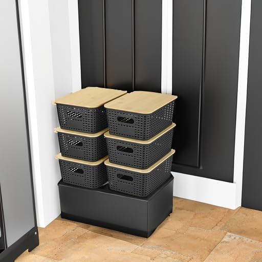 Black Stackable Plastic Baskets With Bamboo Lids