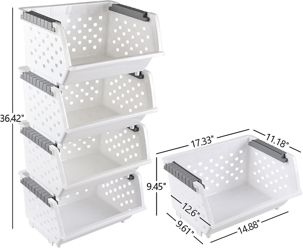 White Stackable Plastic Pantry Storage Baskets