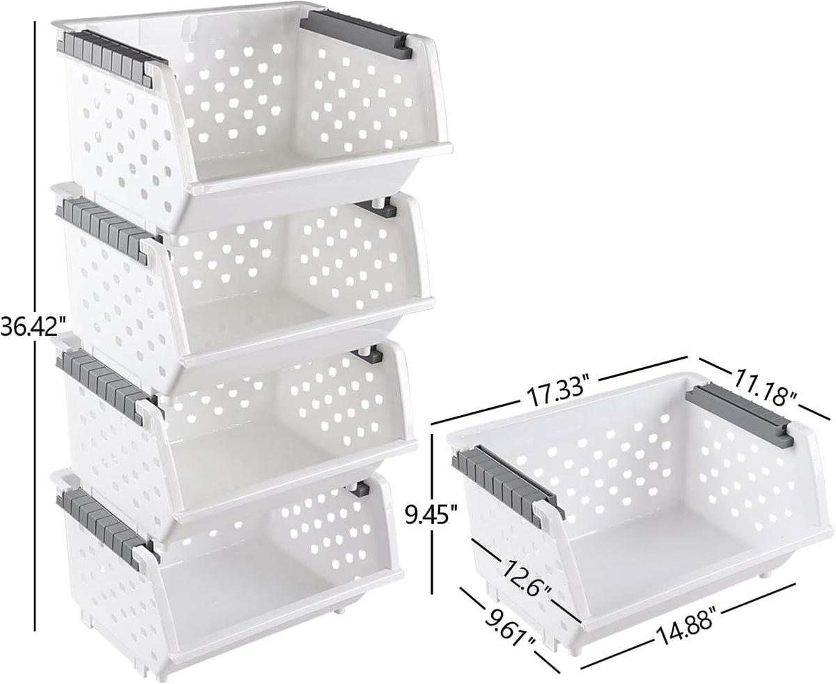 White Stackable Plastic Pantry Storage Baskets