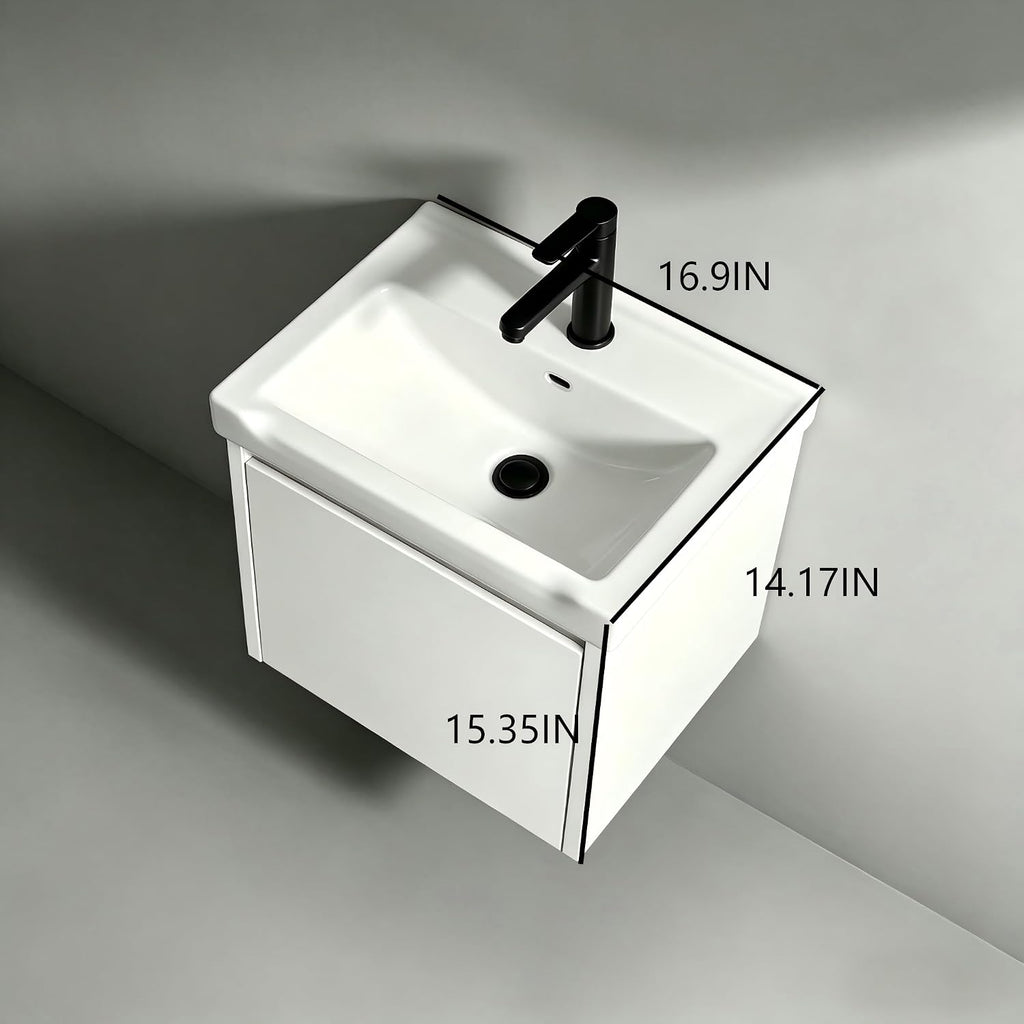 White Floating Vanity With Ceramic Sink Cabinet