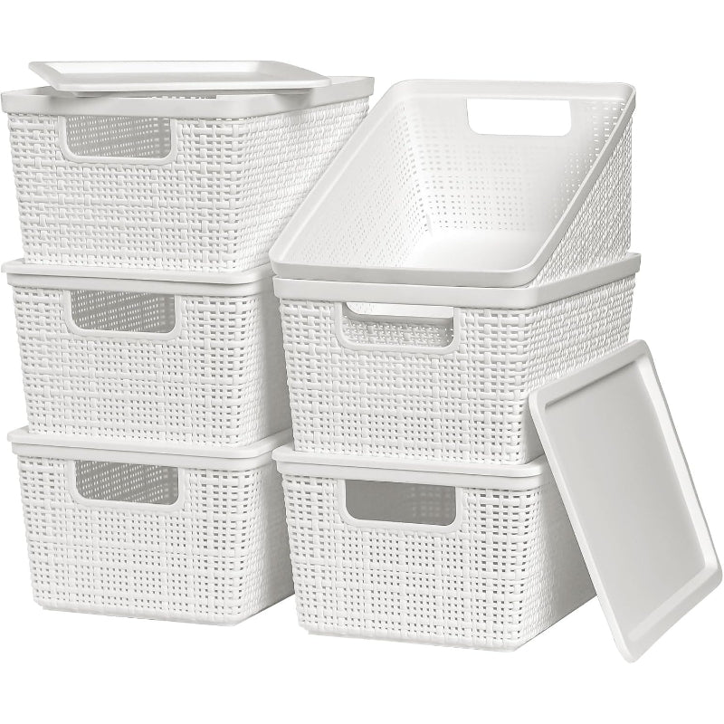 White Stackable Lidded Plastic Storage Baskets