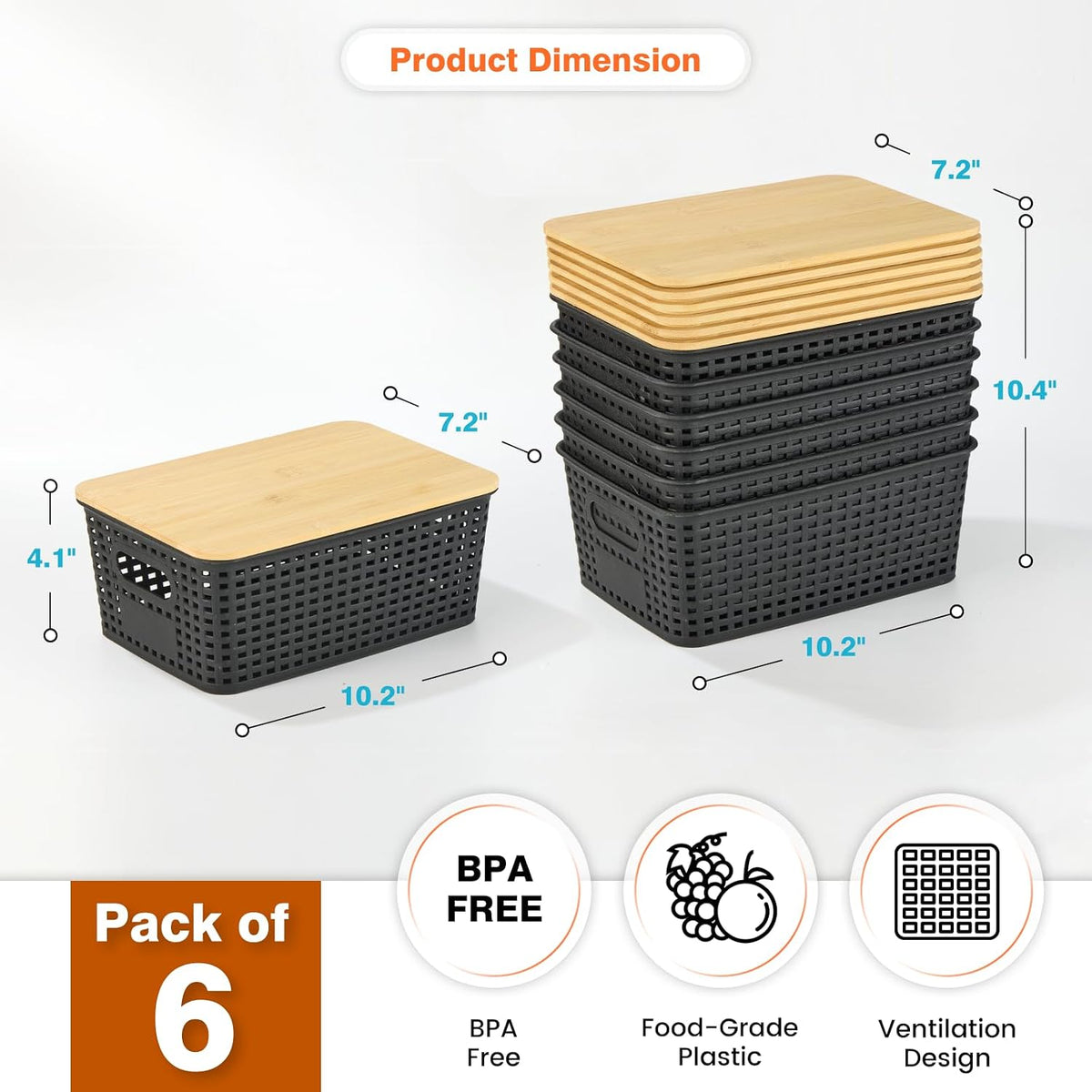 Black Stackable Plastic Baskets With Bamboo Lids