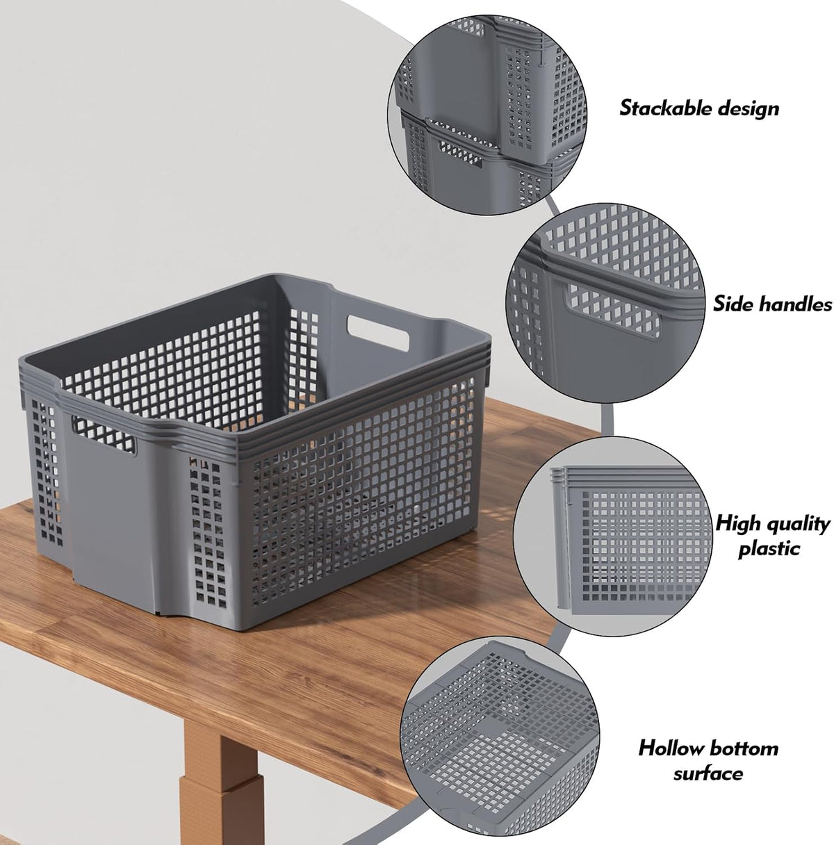 Grey Stackable Woven Storage Organizer Baskets