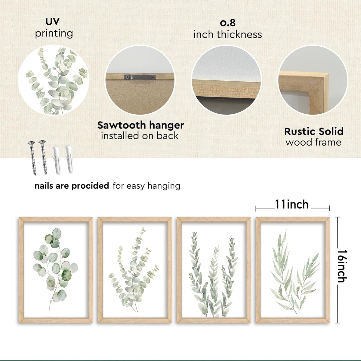 Wood‑Framed Eucalyptus Botanical Wall Art Set