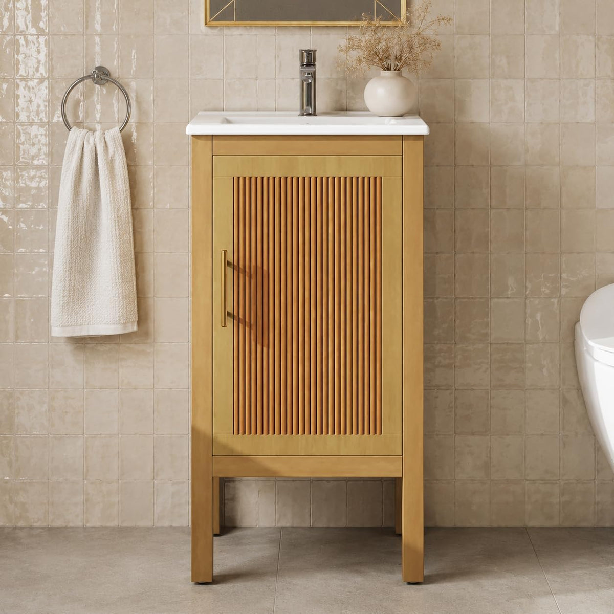 Fluted Wood Bathroom Vanity With Ceramic Sink