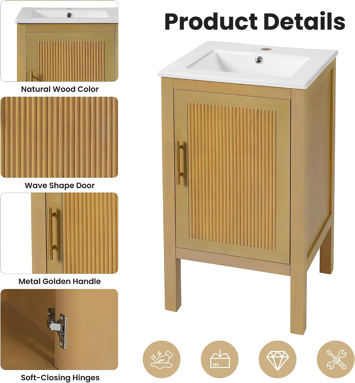 Fluted Wood Bathroom Vanity With Ceramic Sink