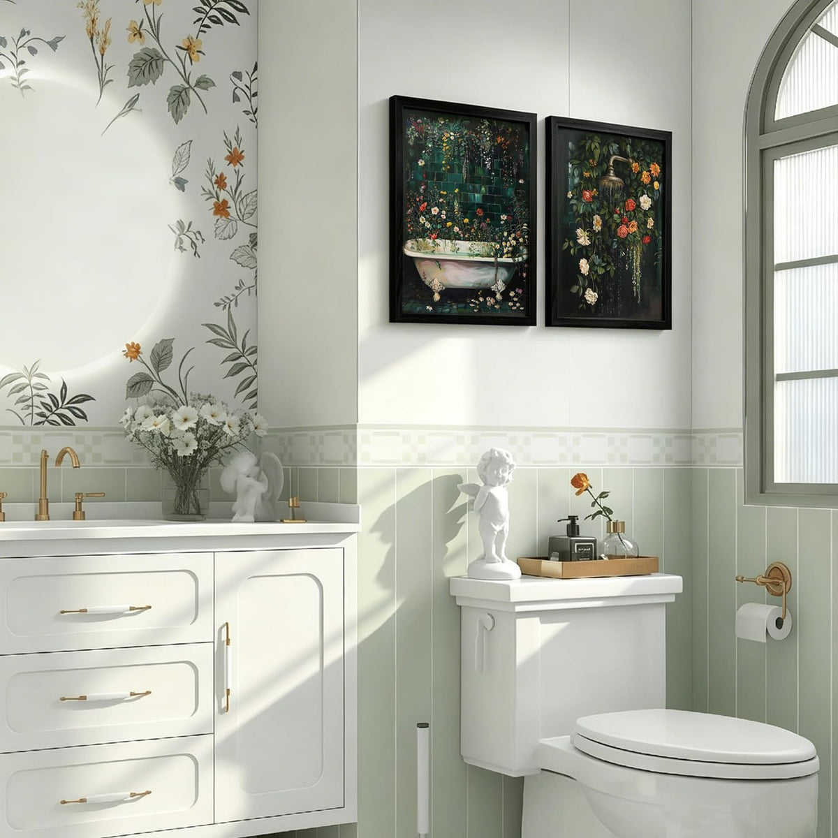 Black‑Framed Vintage Floral Bathroom Wall Art Set