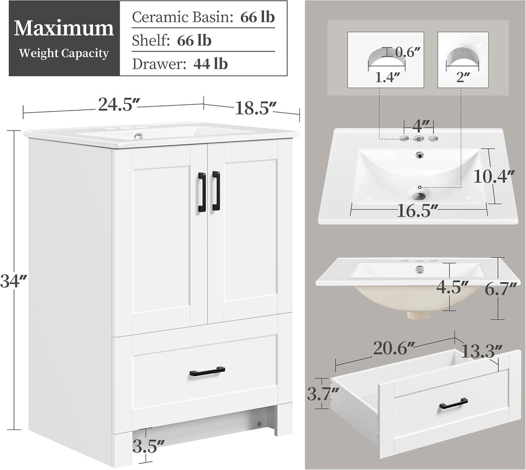 White Freestanding Vanity With Ceramic Sink Cabinet