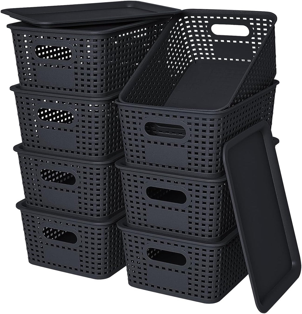 Black Stackable Lidded Plastic Storage Baskets