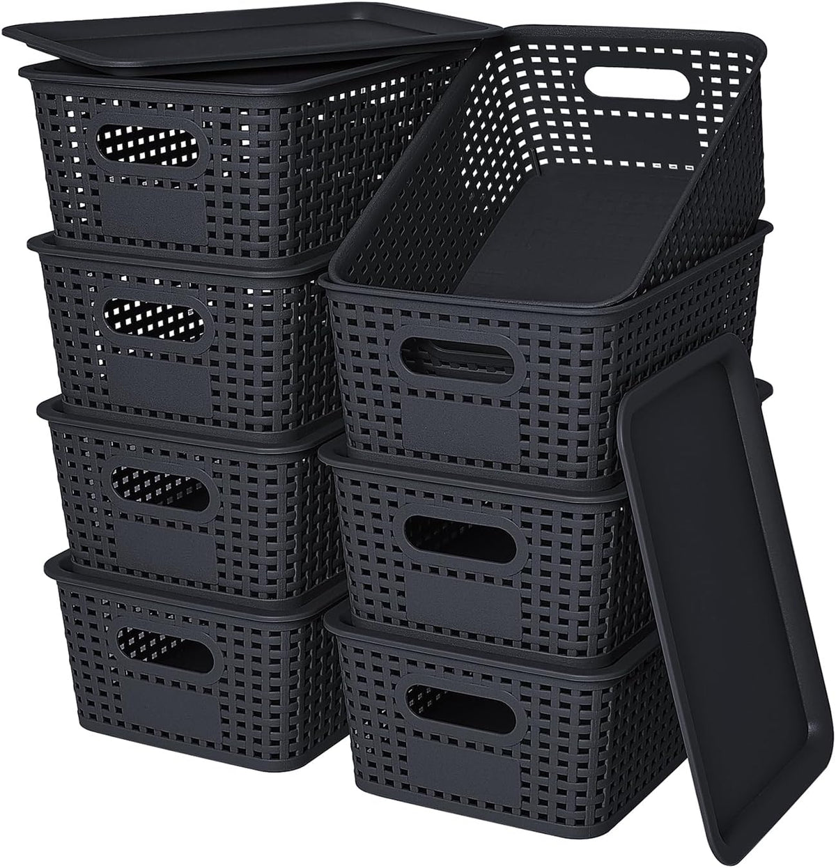 Black Stackable Lidded Plastic Storage Baskets