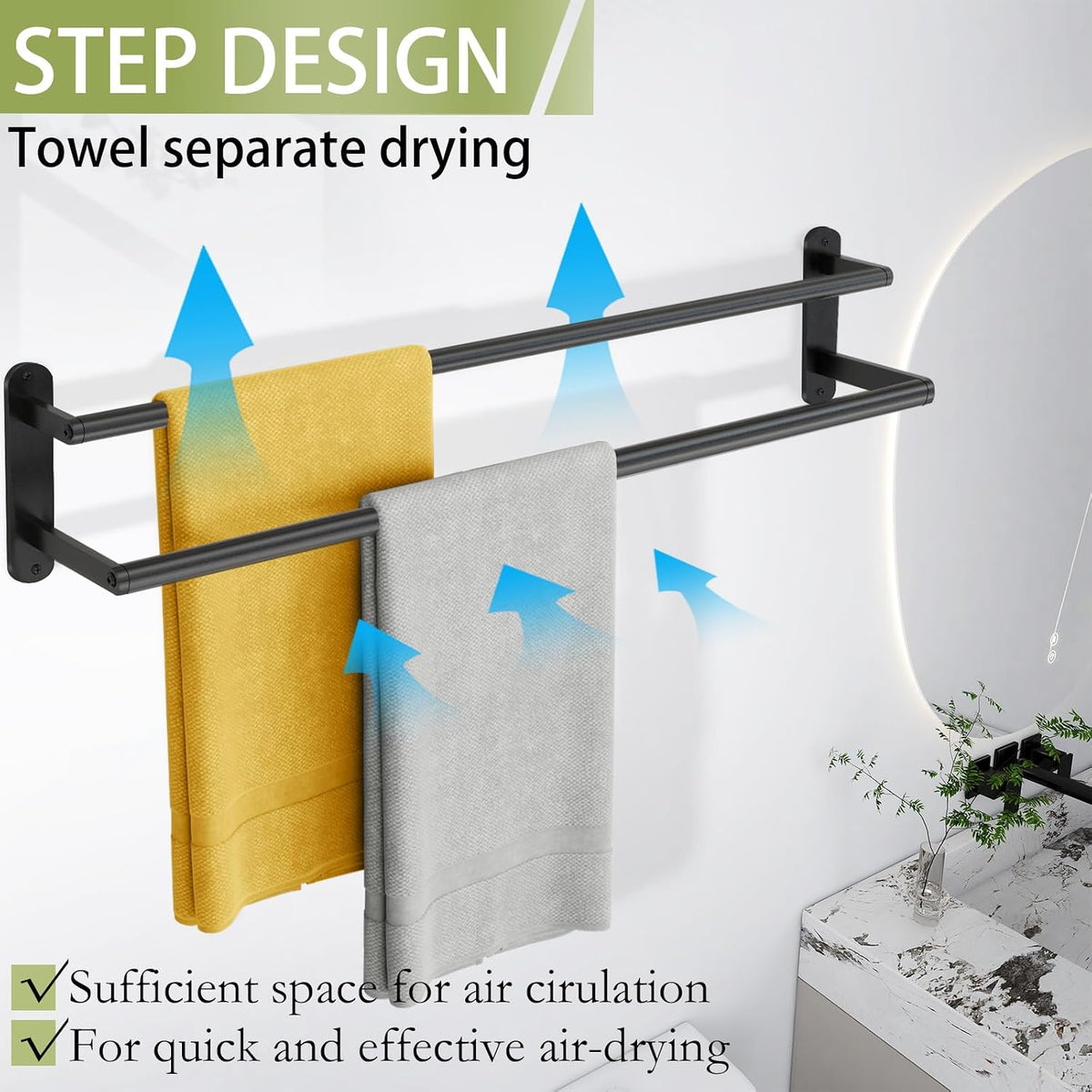 Black Stainless Steel Wall‑Mounted Double Towel Bar