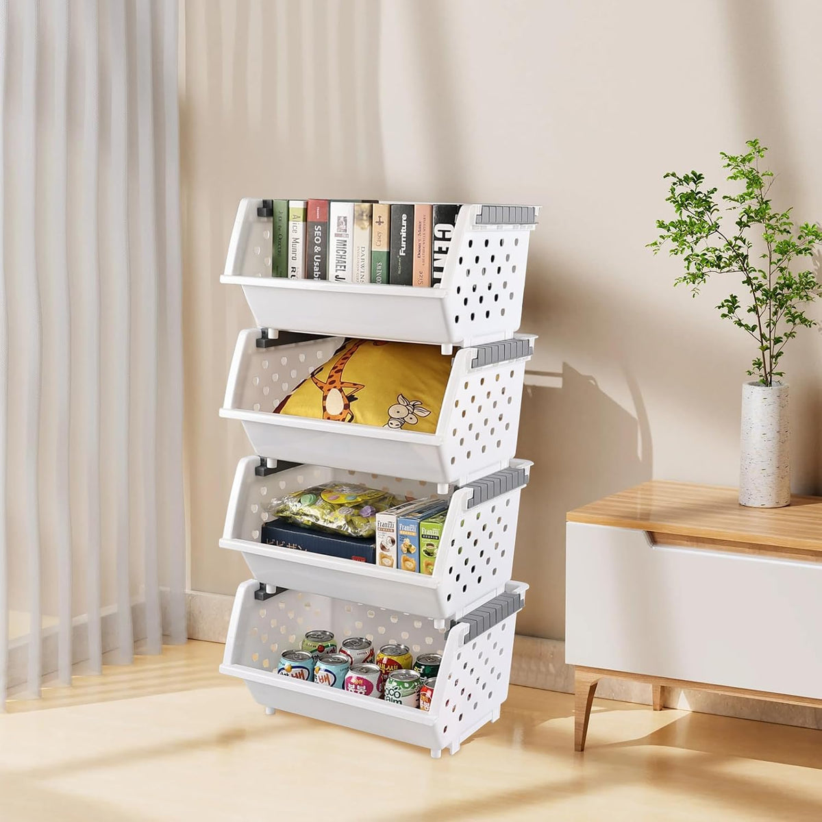 White Stackable Plastic Pantry Storage Baskets