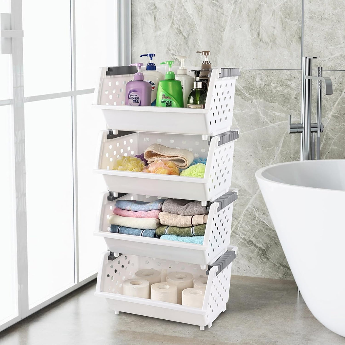 White Stackable Plastic Pantry Storage Baskets