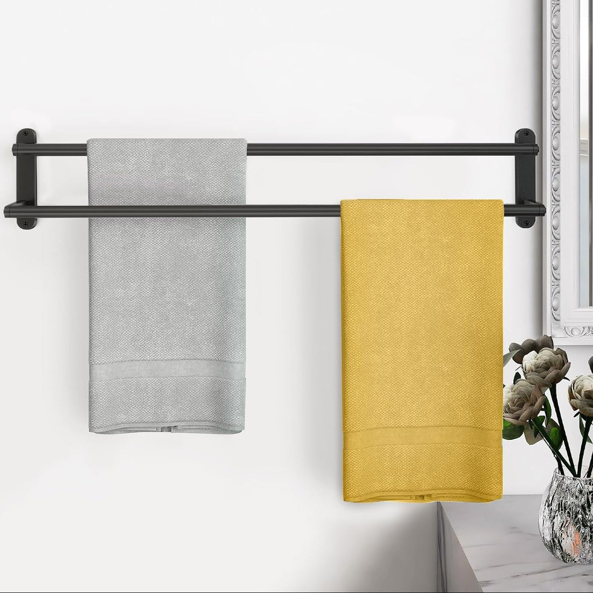Black Stainless Steel Wall‑Mounted Double Towel Bar