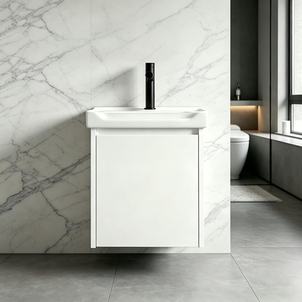 White Floating Vanity With Ceramic Sink Cabinet