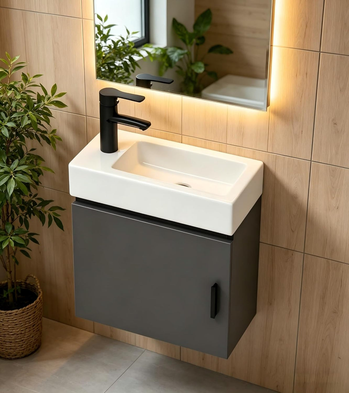 Solid‑Wood Wall‑Mounted Vanity With Ceramic Sink