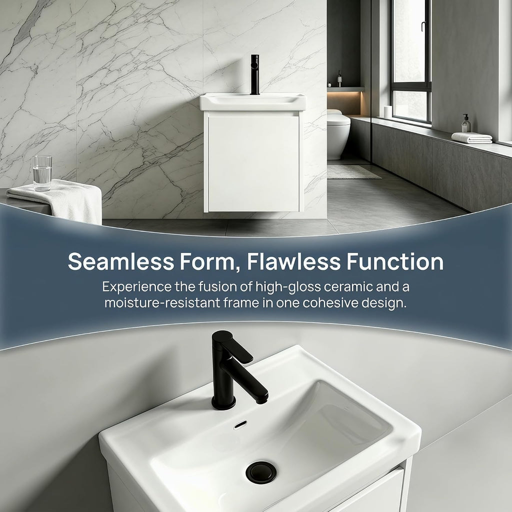White Floating Vanity With Ceramic Sink Cabinet