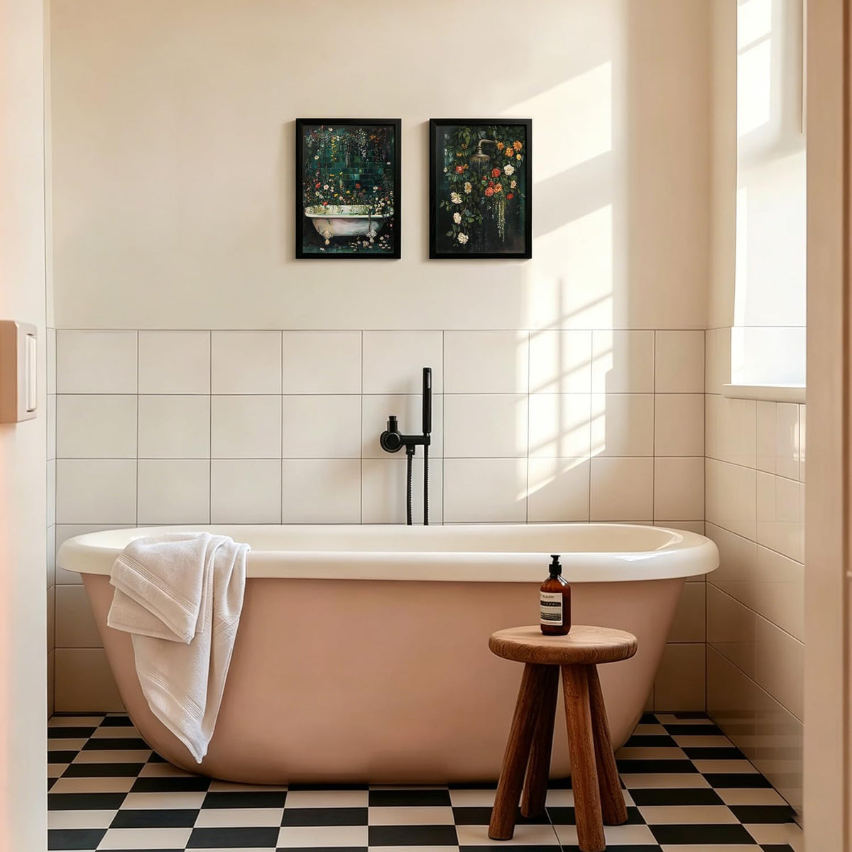 Black‑Framed Vintage Floral Bathroom Wall Art Set
