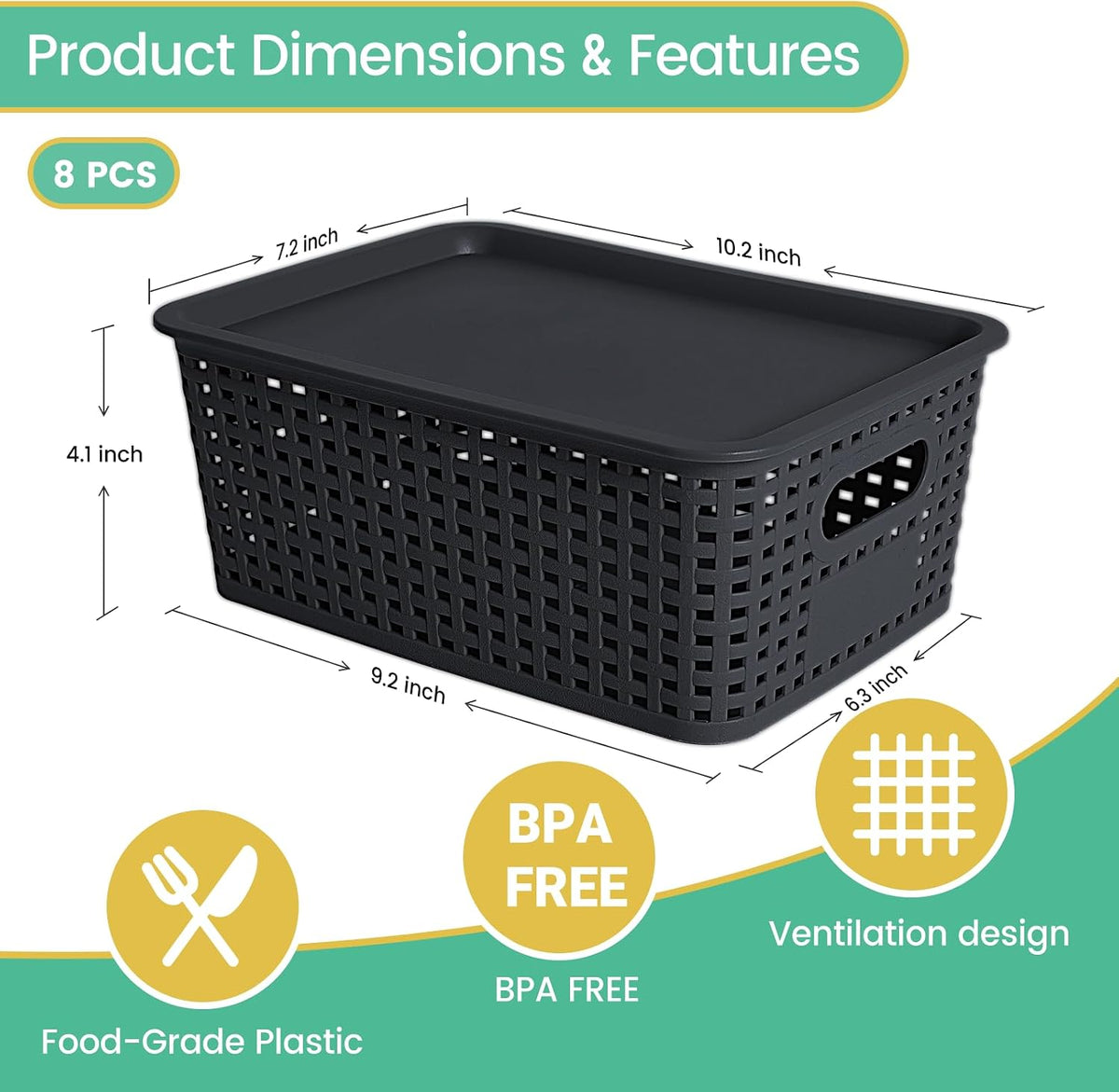 Black Stackable Lidded Plastic Storage Baskets