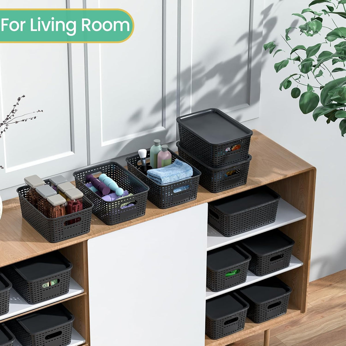 Black Stackable Lidded Plastic Storage Baskets