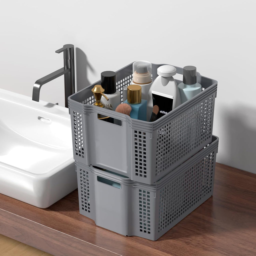 Grey Stackable Woven Storage Organizer Baskets