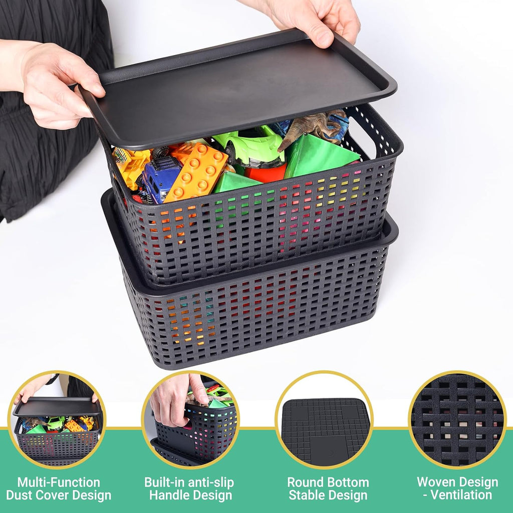 Black Stackable Lidded Plastic Storage Baskets