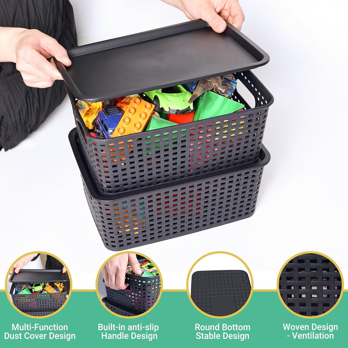 Black Stackable Lidded Plastic Storage Baskets