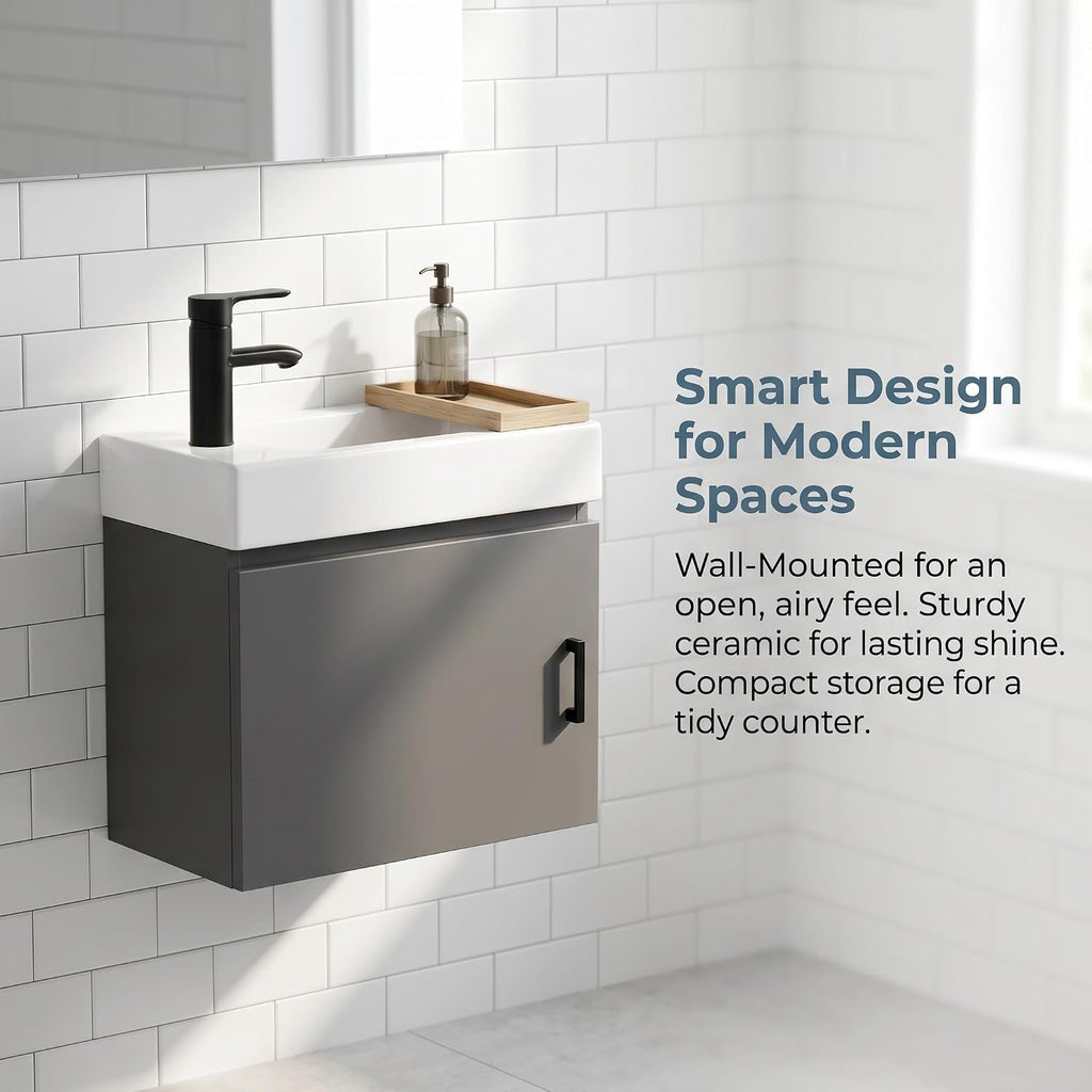 Solid‑Wood Wall‑Mounted Vanity With Ceramic Sink