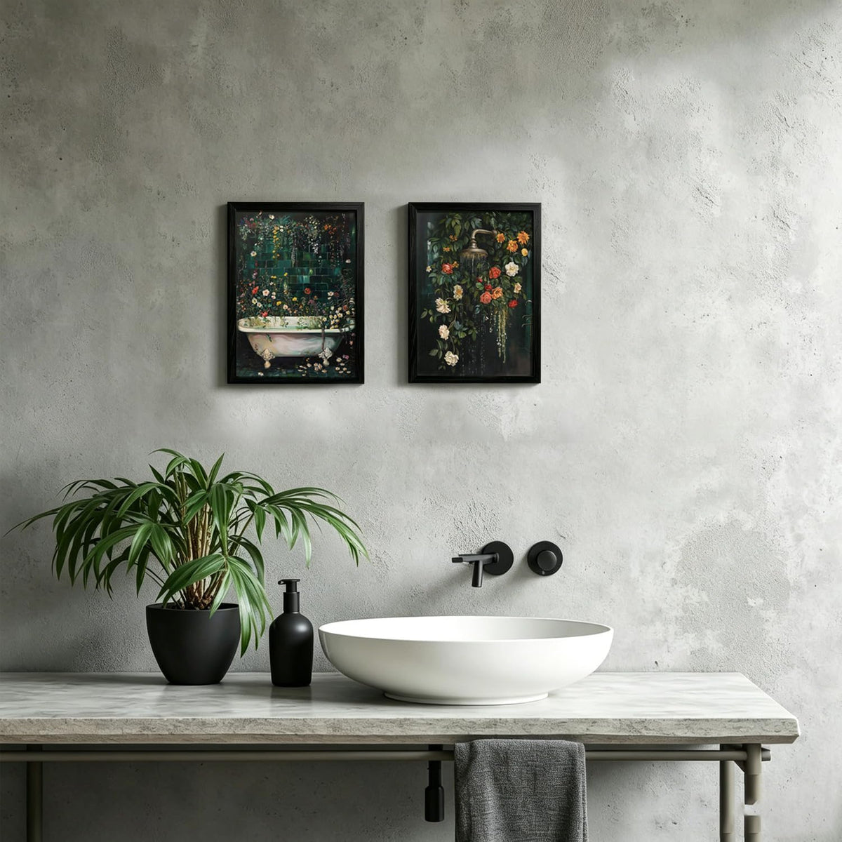 Black‑Framed Vintage Floral Bathroom Wall Art Set