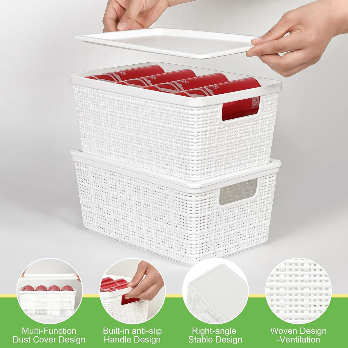 White Stackable Lidded Plastic Storage Baskets