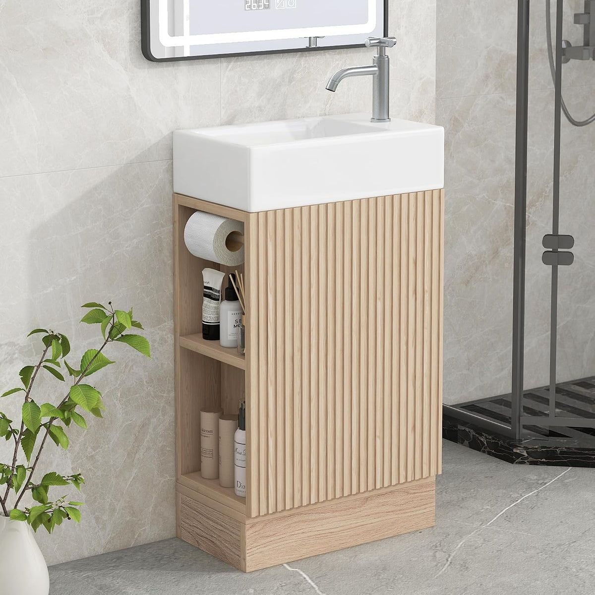 Natural Freestanding Vanity With Ceramic Sink Cabinet