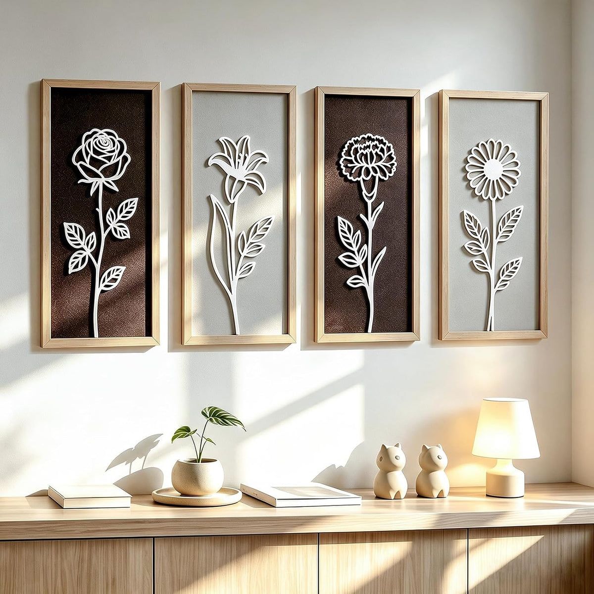 Boho Wooden Floral Wall Art Decor Set