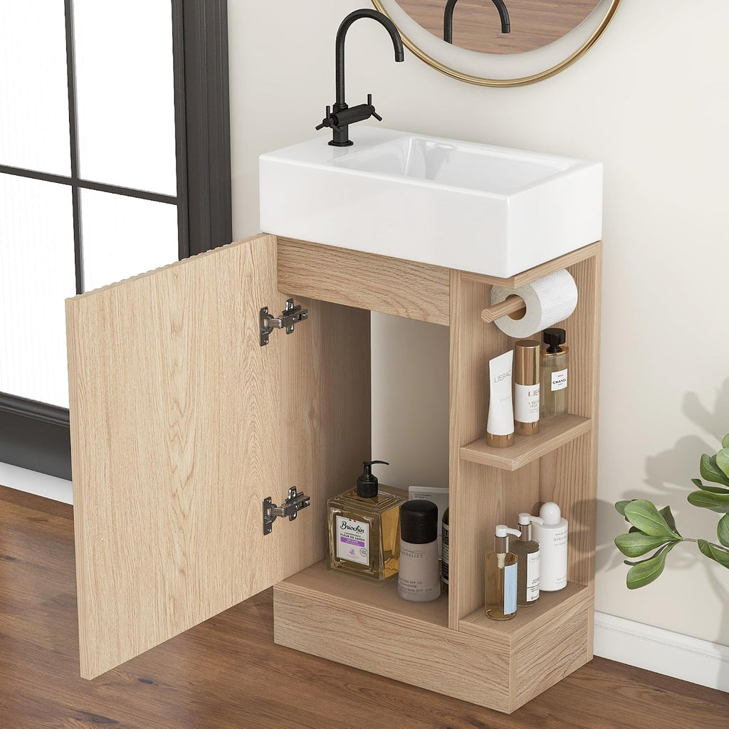 Natural Freestanding Vanity With Ceramic Sink Cabinet