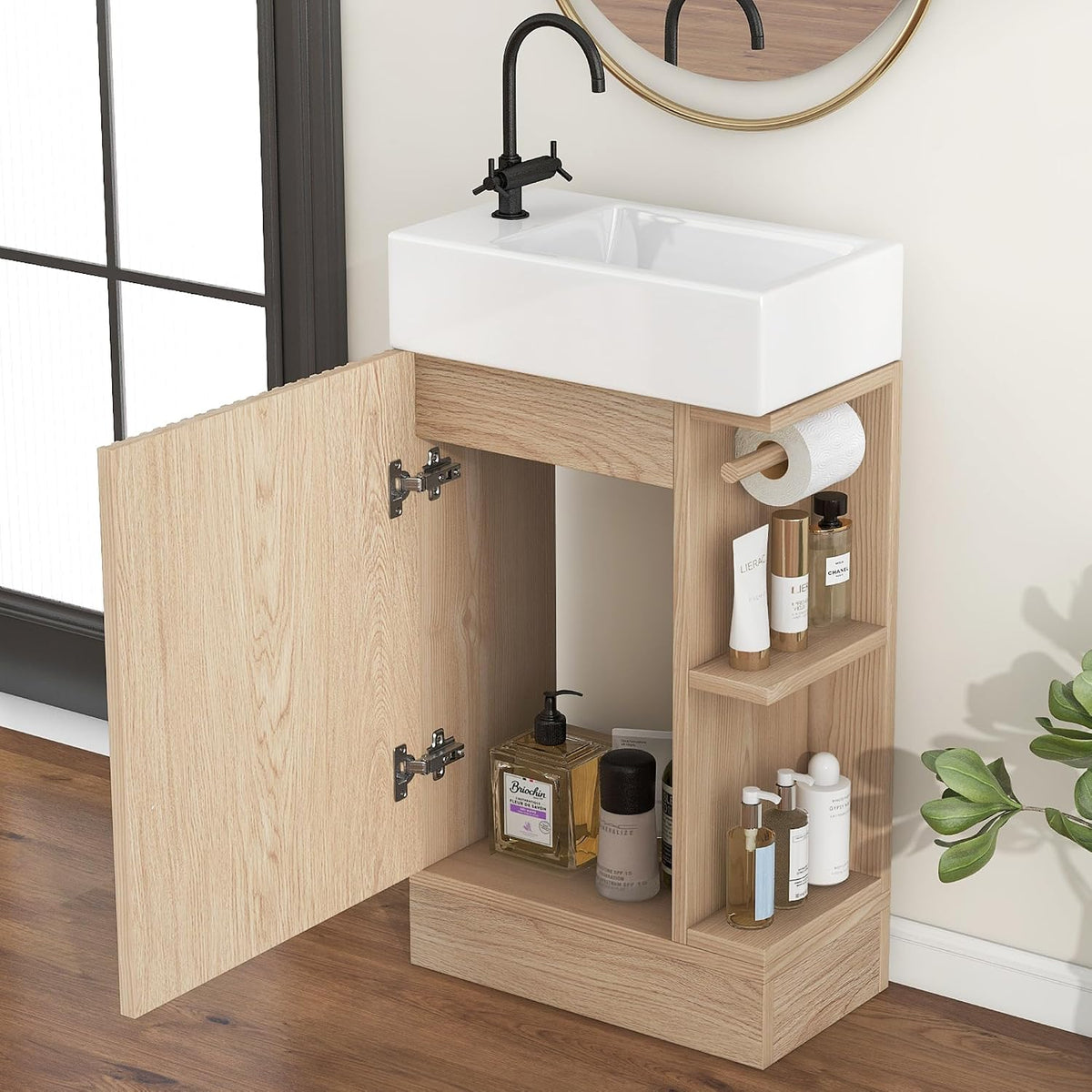 Natural Freestanding Vanity With Ceramic Sink Cabinet