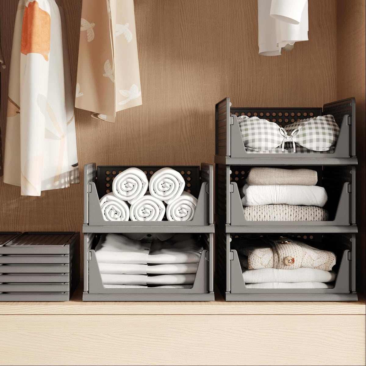 Black Stackable Plastic Closet Storage Baskets