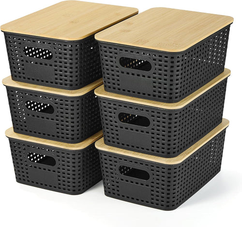 Black Stackable Plastic Baskets With Bamboo Lids
