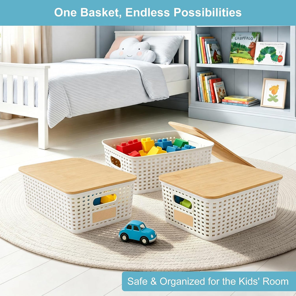 Cream Stackable Storage Bins with Bamboo Lids