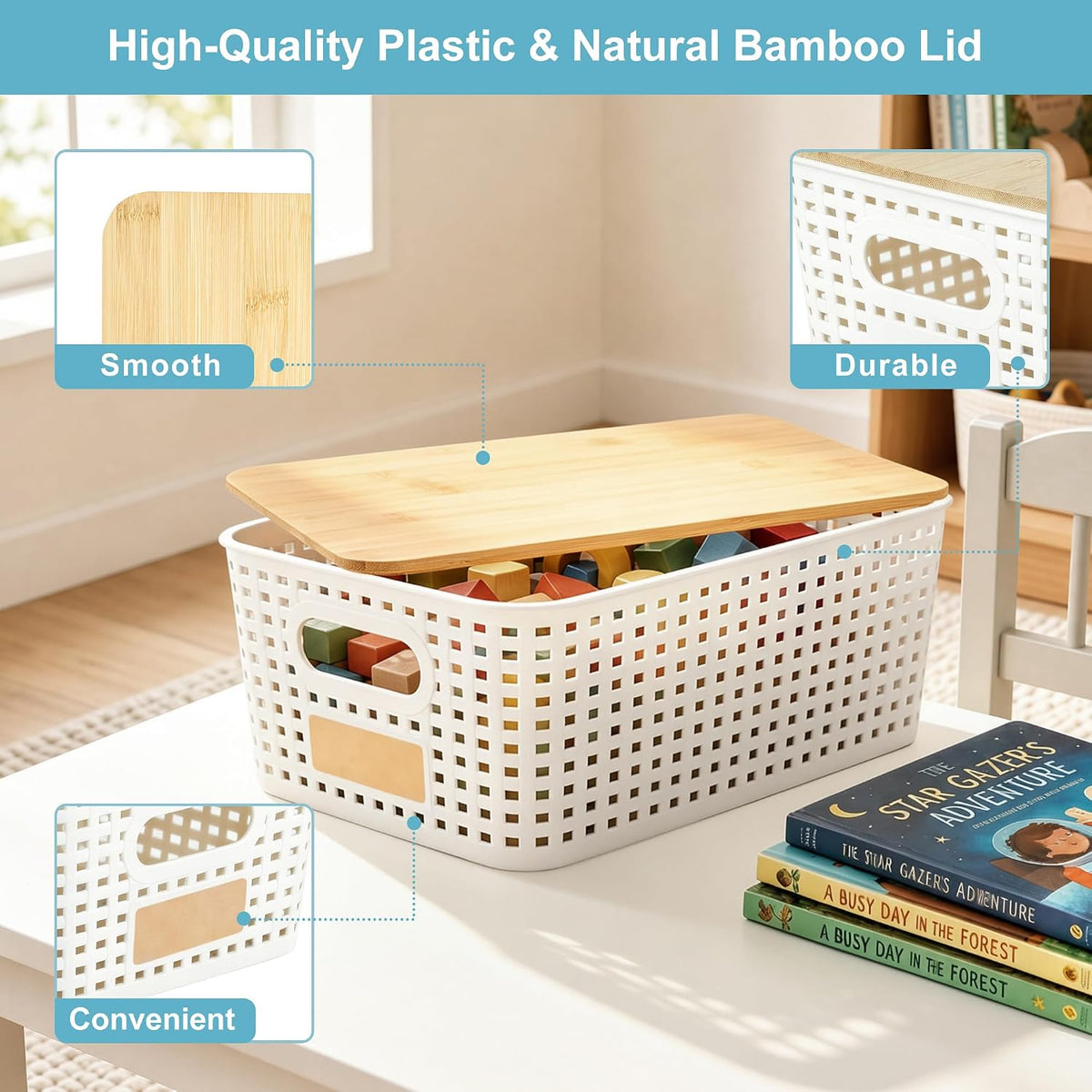 Cream Stackable Storage Bins with Bamboo Lids