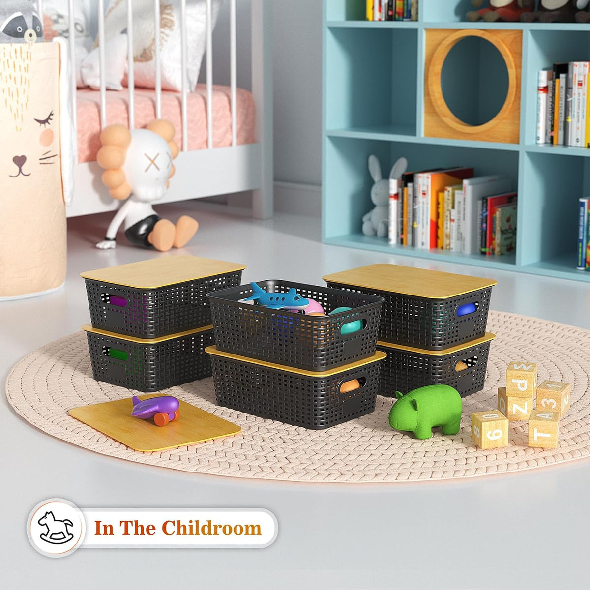 Black Stackable Plastic Baskets With Bamboo Lids