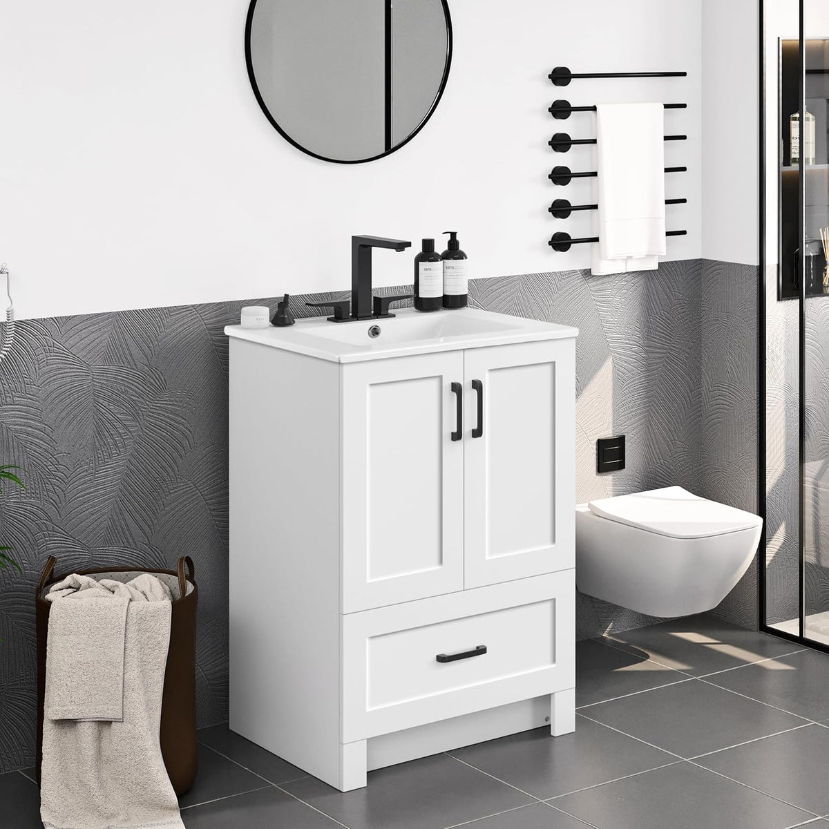 White Freestanding Vanity With Ceramic Sink Cabinet
