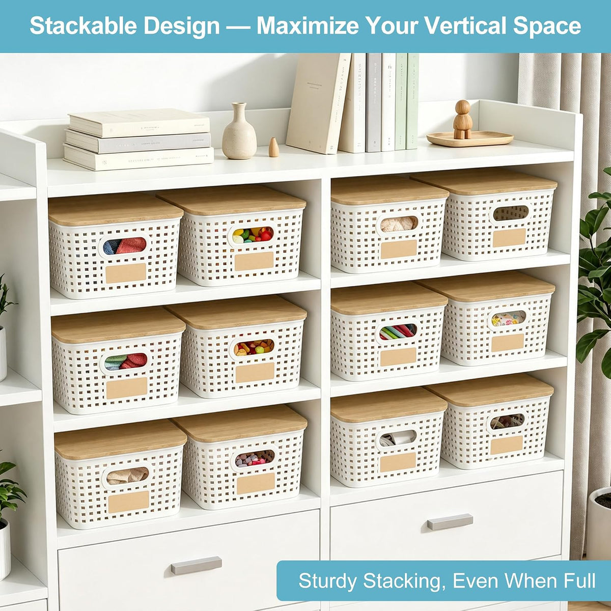 Cream Stackable Storage Bins with Bamboo Lids