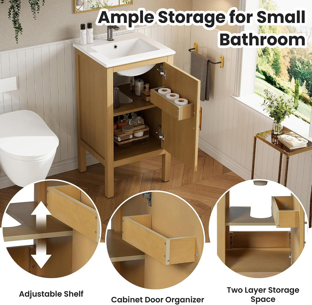 Fluted Wood Bathroom Vanity With Ceramic Sink