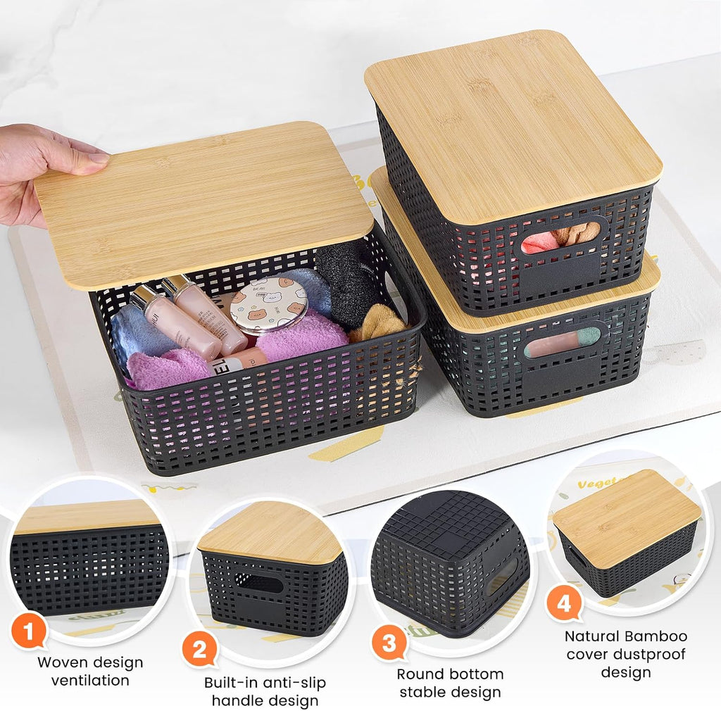 Black Stackable Plastic Baskets With Bamboo Lids