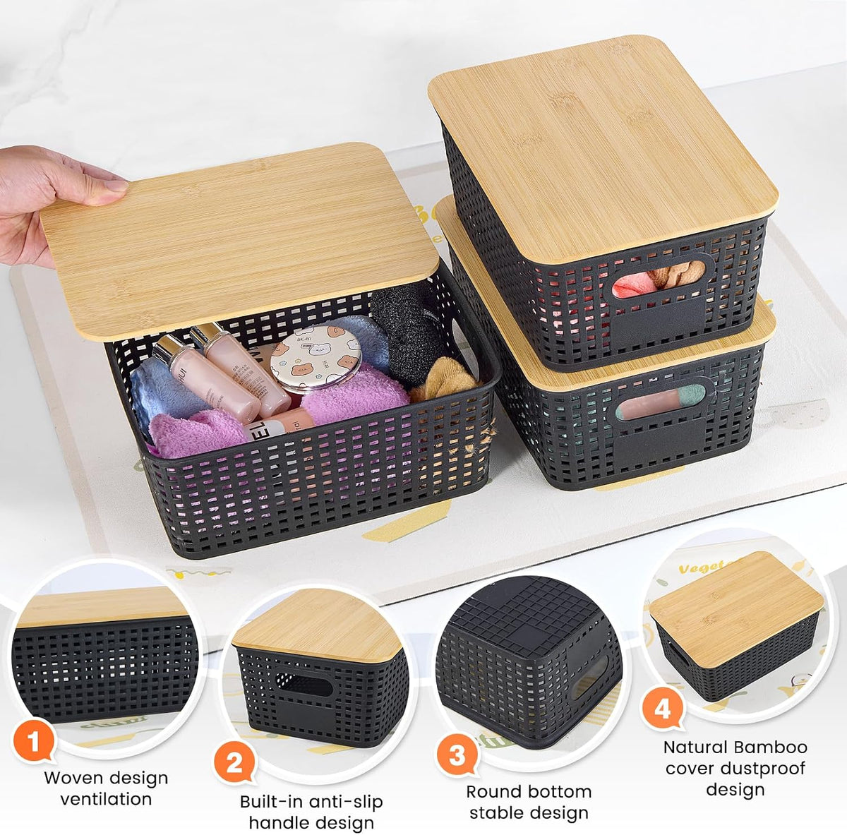 Black Stackable Plastic Baskets With Bamboo Lids