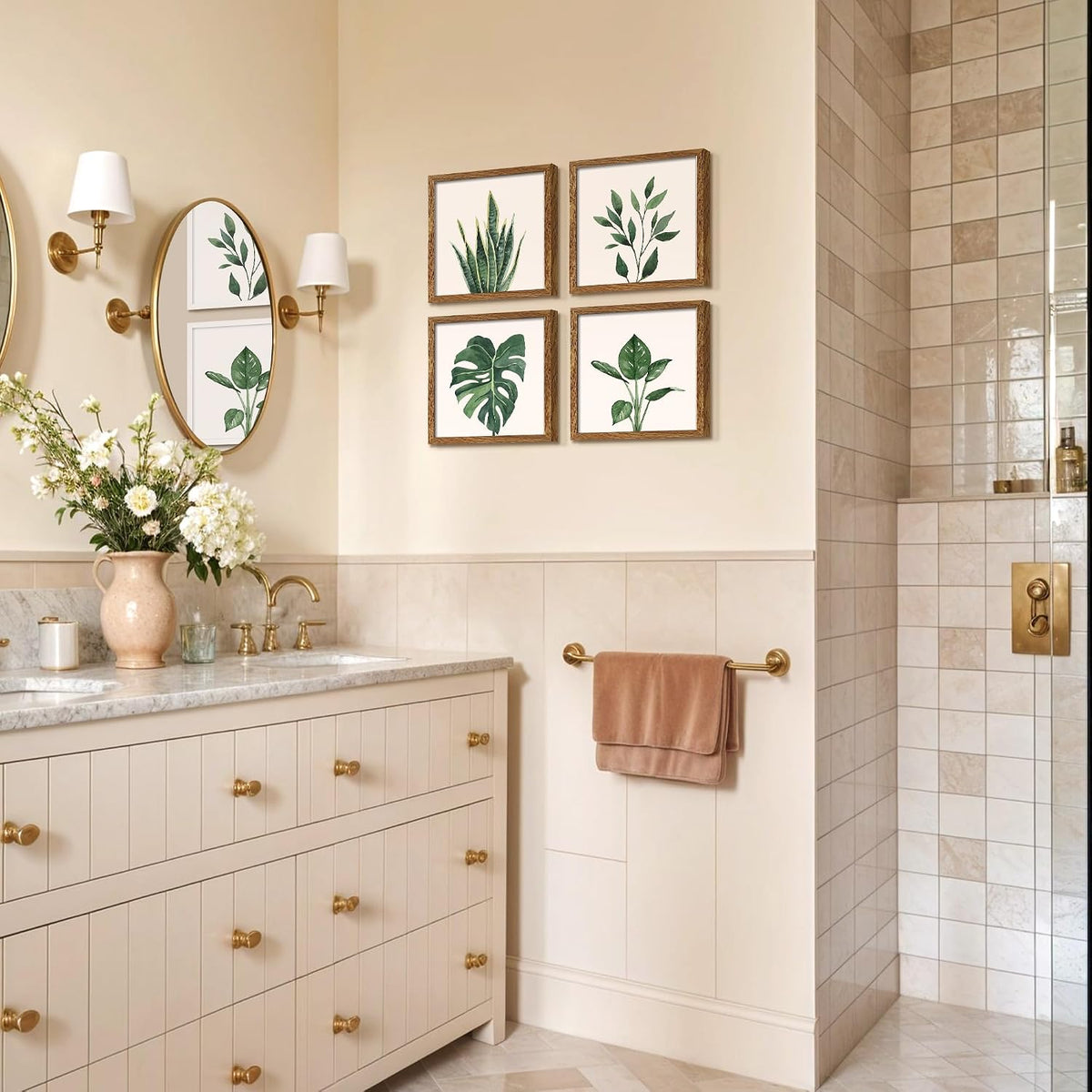 Walnut‑Framed Sage Botanical Wall Art Set