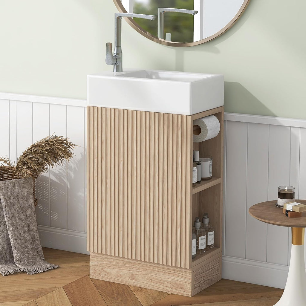 Natural Freestanding Vanity With Ceramic Sink Cabinet