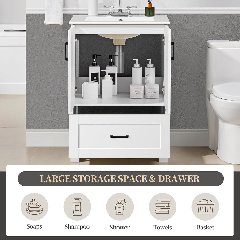 White Freestanding Vanity With Ceramic Sink Cabinet