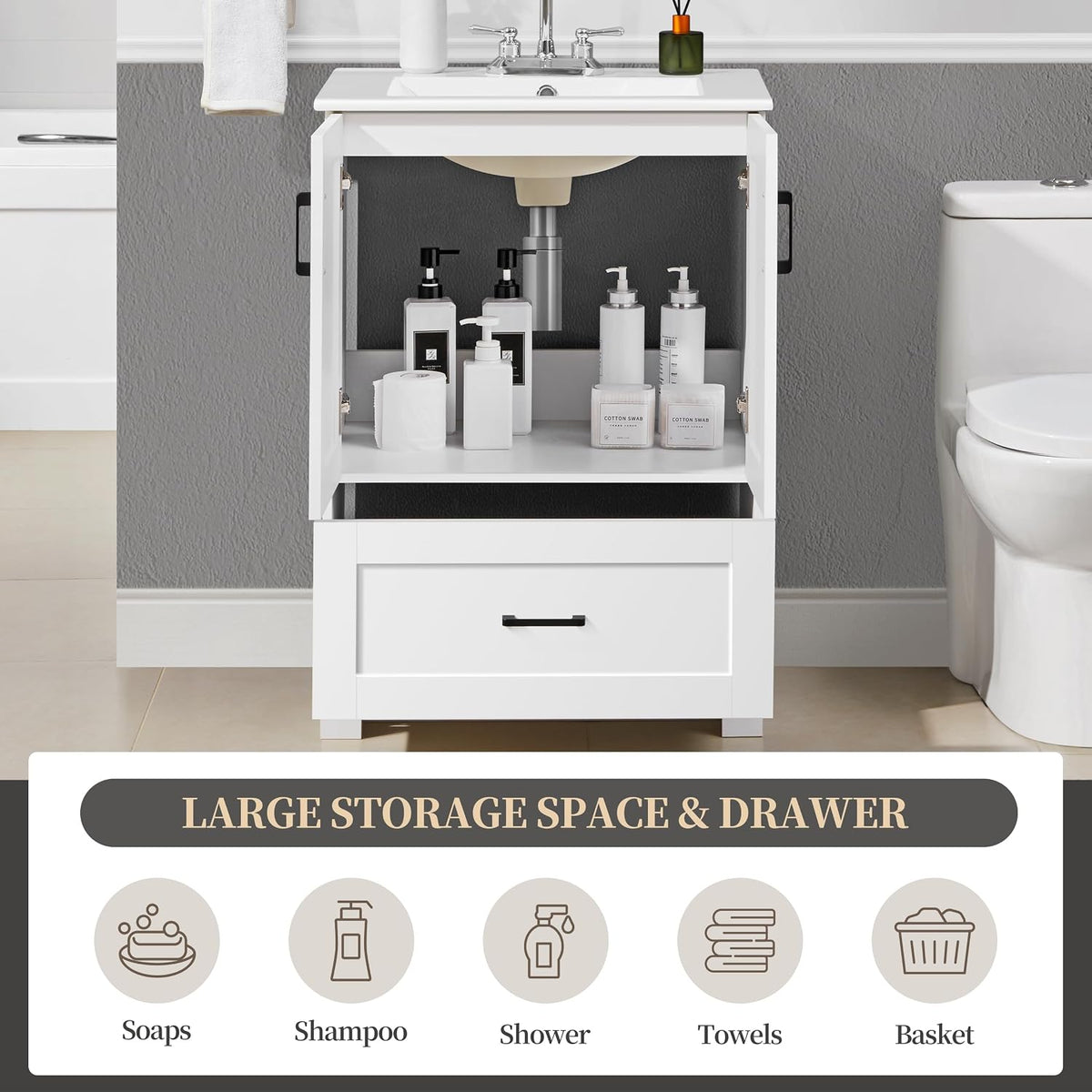 White Freestanding Vanity With Ceramic Sink Cabinet
