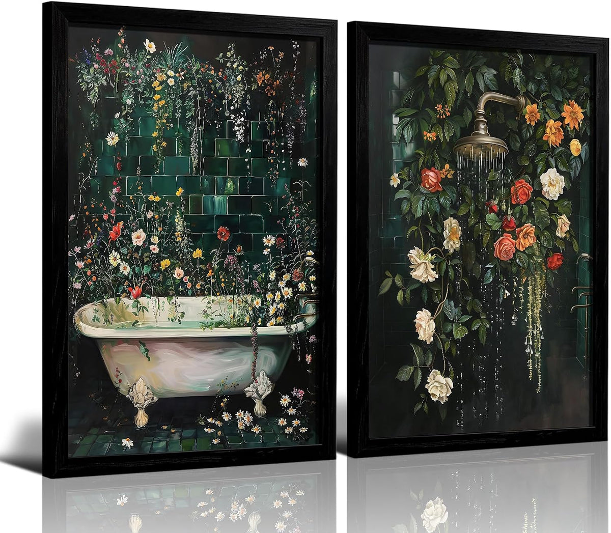 Black‑Framed Vintage Floral Bathroom Wall Art Set