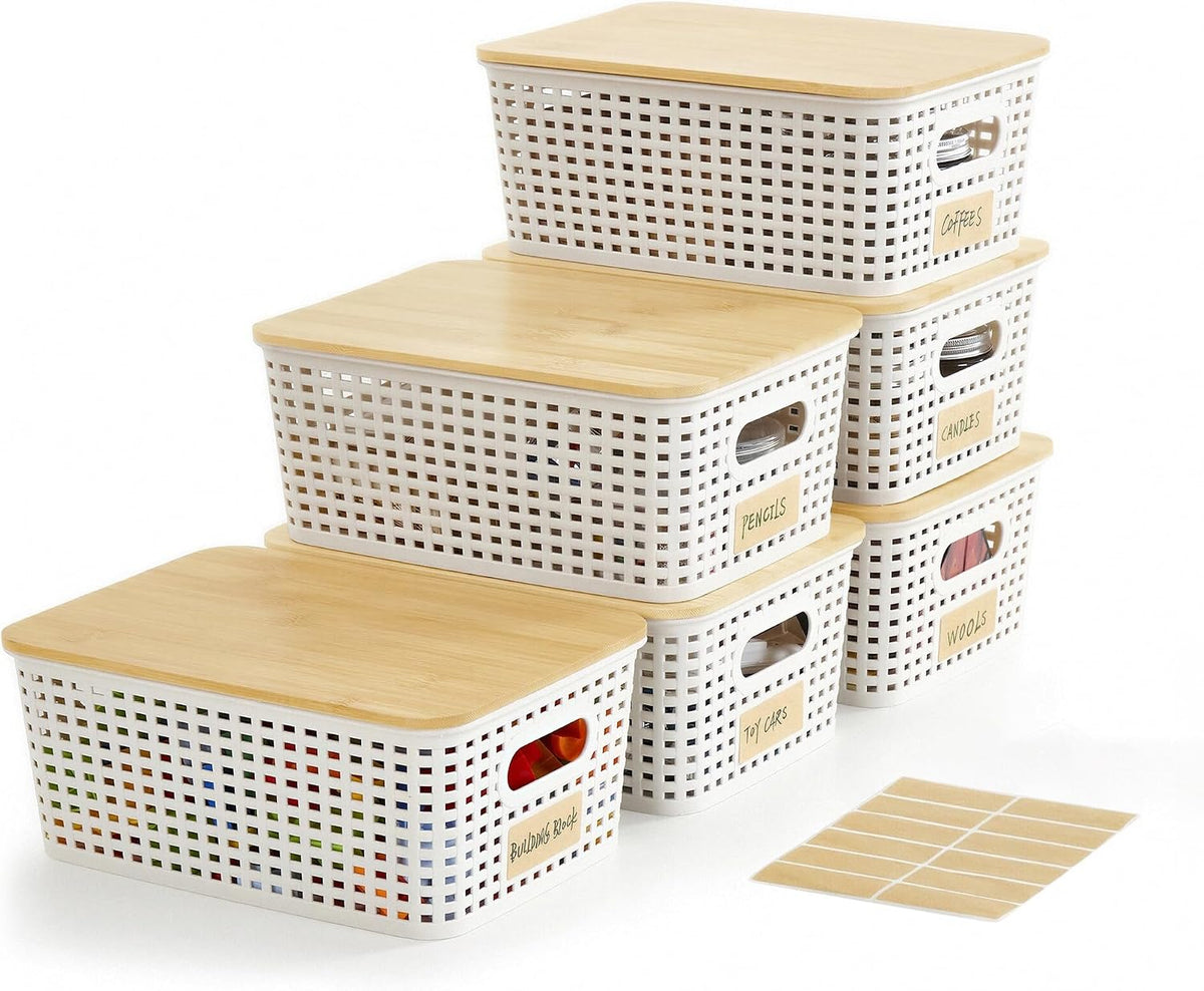 Cream Stackable Storage Bins with Bamboo Lids